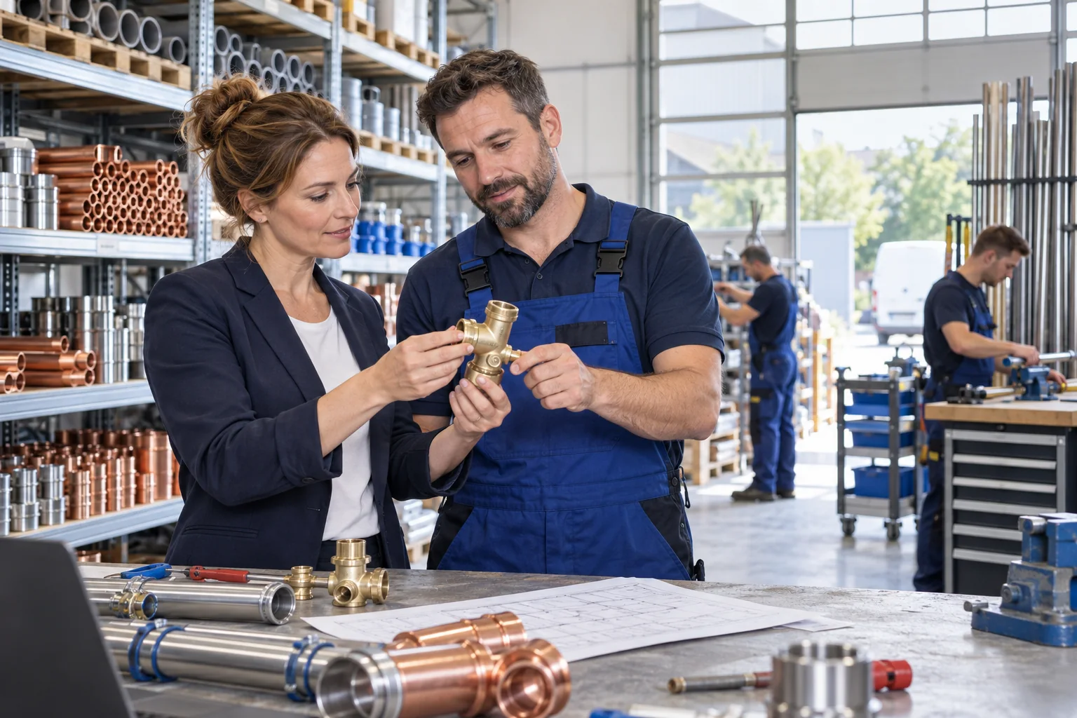 Unternehmerin und Meister in einem Wasserinstallationsbetrieb